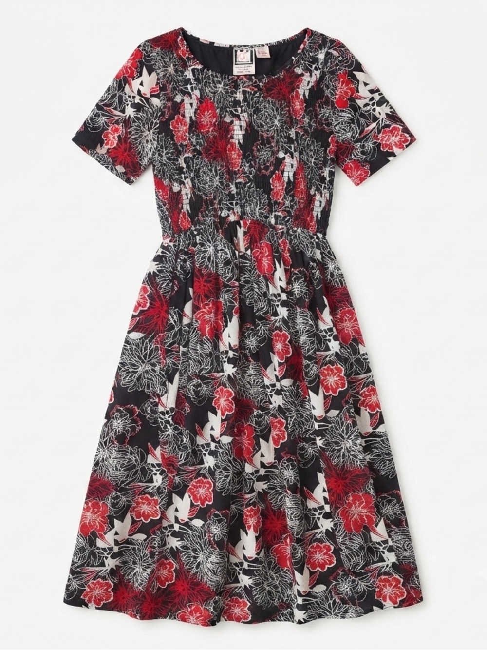 Take Two Floral Midi Dress Black & Red Botanical Print Size Large 100% Cotton